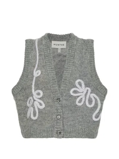 Munthe Nowland Embroidered Knitted Sleeveless Wool Cardigan In Gray