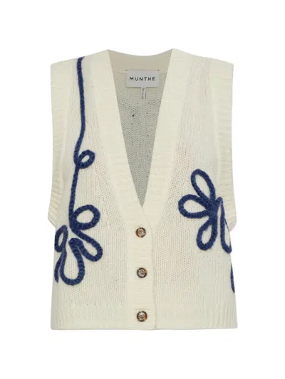 Munthe Nowland Embroidered Knitted Sleeveless Wool Cardigan In Neutral