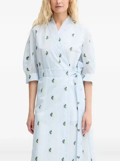 Munthe Pum Embroidered Midi Wrap Dress In Blue