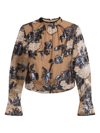 Munthe Sequin-embellished Floral Blouse In Brown