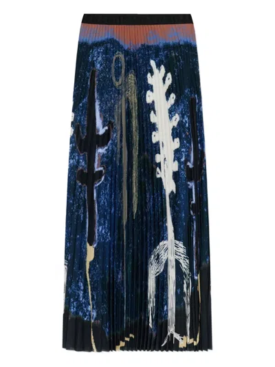 Munthe Taulla Pleated Print Long Skirt In Blue