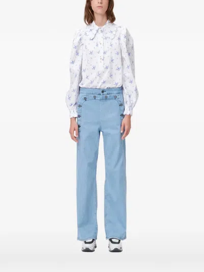 Munthe Tosca Swallow-print Puff-sleeve Shirt In Blue