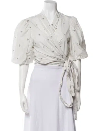 Pre-owned Munthe V-neck Three-quarter Sleeve Crop Top In White