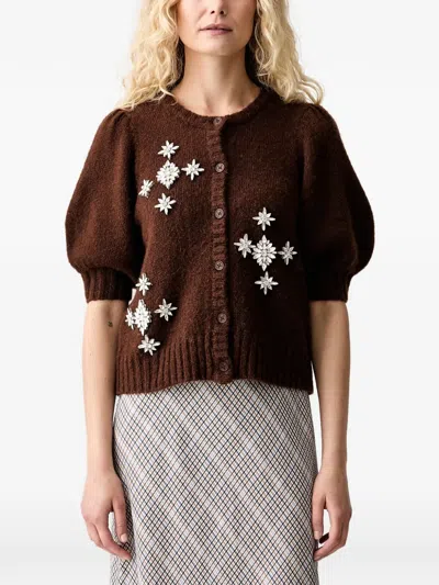 Munthe Vocca Crystal-embellished Puff-sleeve Cardigan In Brown