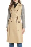 Mural Plaid Sleeve Double Breasted Trench Jacket In Khaki In Green