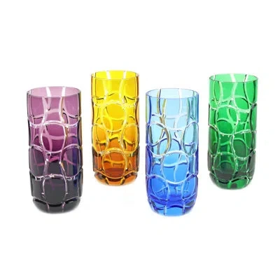 Murano Art Collection Anelli Cased Crystal High Ball Glasses In Amber,blue,green,amethyst