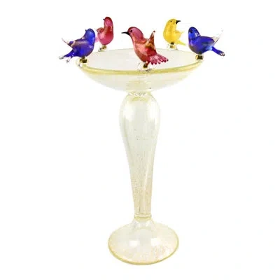 Murano Art Collection Murano Glass Bird Bath With 5 Assorted Color Birds In Blue;yellow;gold;ruby