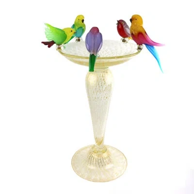 Murano Art Collection Murano Glass Bird Bath With 5 Birds In Blue;green;red;yellow;purple;gold