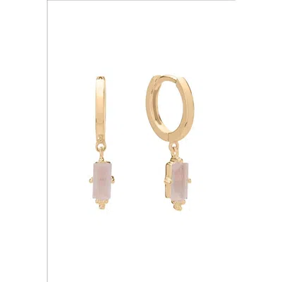 Murkani Huggies With Hanging Rose Quartz Baguette In Gold