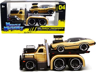 Muscle Machines 1953 Mack B-61 Flatbed Truck Gold And 1970 Oldsmobile 442 Gold With Black Top And Stripes "muscle Tr