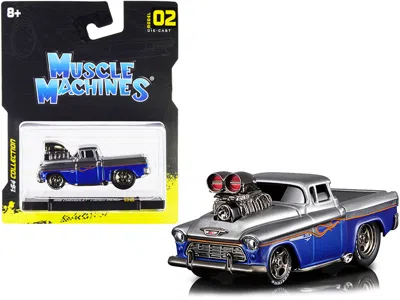 Muscle Machines 1955 Chevrolet Cameo Pickup Truck Gray And Blue Metallic With Flames 1/64 Diecast Model Car By Muscl