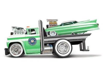 Muscle Machines 1966 Chevrolet C60 Flatbed Truck Green Metallic With White Top "cadillac Service" And 1961 Cadillac