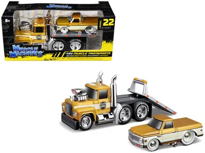 Muscle Machines 1980 Mack A685st Flatbed Truck Gold Metallic With Beige Stripes "madman Garage" And 1972 Chevrolet C