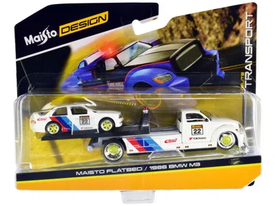 Muscle Machines Flatbed Truck #22 White With Stripes And 1988 Bmw M3 E30 #22 White With Stripes "elite Transport" Se