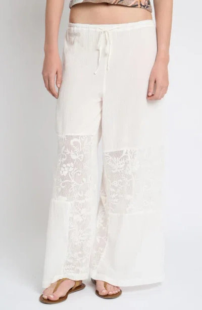 Muse Assembly Lace Insert Crinkle Wide Leg Pants In White