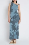 Muse Assembly Placement Print Ruched Side Maxi Dress In Blue