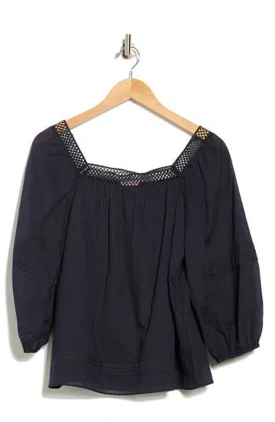 Muse Lace Neck Three-quarter Sleeve Cotton Top In Black