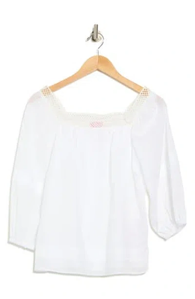 Muse Lace Neck Three-quarter Sleeve Cotton Top In White
