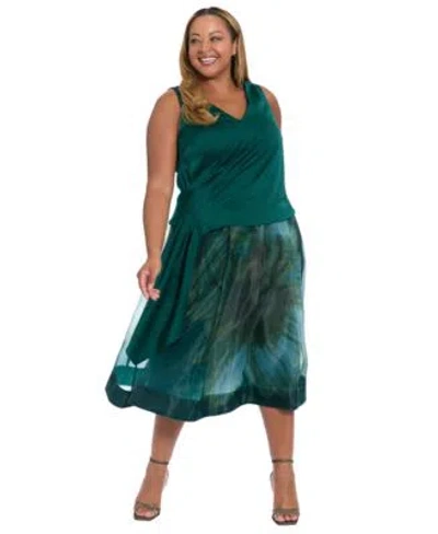 Muse Plus Size Asymmetrical Pleated Top Pleated Organza Midi Skirt In Black