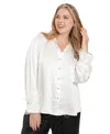 Muse Plus Size Collared Feather-trim-sleeve Satin Shirt In White