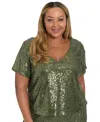 Muse Plus Size Cropped Sequin Short Sleeve T-shirt In Green
