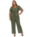 Muse Plus Size Cropped Sequin Short Sleeve T Shirt Pull On Pants In Green