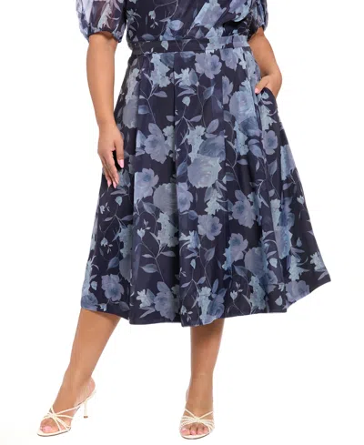 Muse Plus Size Floral Print Midi Skirt In Navy Blue