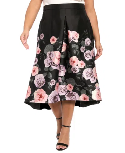 Muse Plus Size Floral Printed Polyester Pleated Skirt In Black