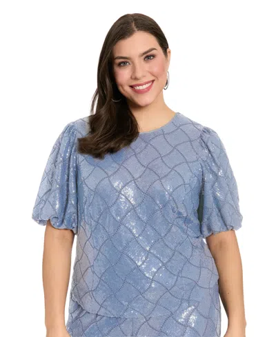 Muse Plus Size Jewel Neck Bubble-sleeve Top In Blue