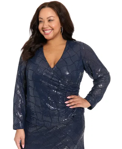 Muse Plus Size Long-sleeve Sequined Wrap Top In Blue