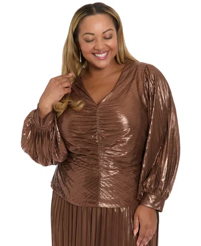 Muse Plus Size Radiating Pleats Long Sleeve Top In Brown