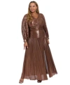 Muse Plus Size Radiating Pleats Long Sleeve Top Pleated Foil Knit Maxi Skirt In Brown