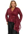 Muse Plus Size Sequin Long-sleeve Top In Burgundy