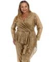 Muse Plus Size Sequin Long Sleeve Twist Wrap Top In Brown