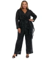 Muse Plus Size Sequin Long Sleeve Twist Wrap Top Pull On Pants In Black