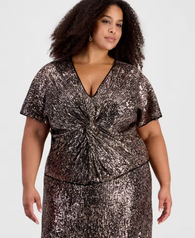 Muse Plus Size Sequined V-neck Dolman-sleeve Top In Brown