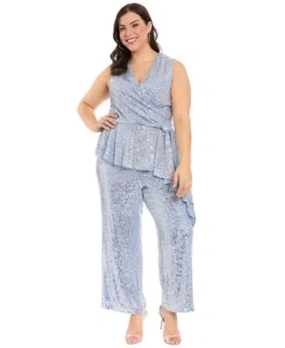 Muse Plus Size Sleeveless V Neck Top Plus Size Sequined Pull On Pants In Blue