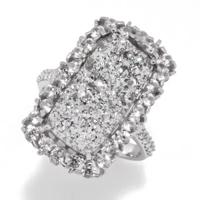 Muse Sterling Silver 18x9mm Drusy & White Zircon Elongated Ring In Metallic