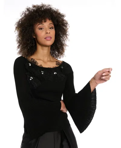 Muse Off The Shoulder Trumpet Sleeve Sweater In Black