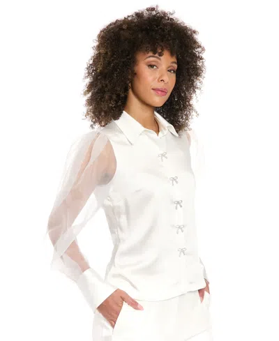 Muse Women's Bow-button Sheer Bishop-sleeve Blouse
