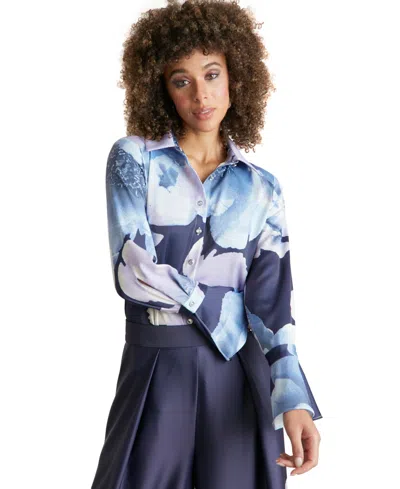 Muse Women's Floral Satin Collared Button-front Blouse In Navy,lilac,blue