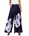 Muse Women's Floral Satin Pleated Wide-leg Pants In Navy,lilac,blue