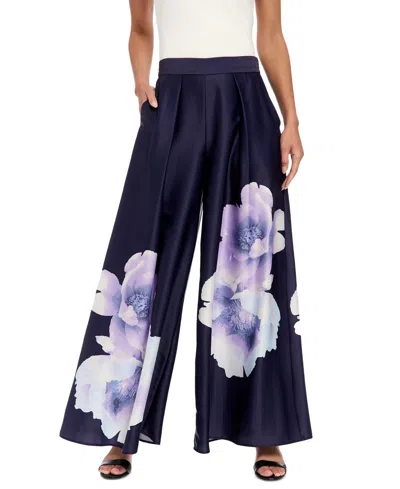 Muse Women's Floral Satin Pleated Wide-leg Pants In Navy,lilac,blue