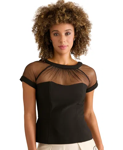 Muse Women's Illusion Mesh Yoke And Sleeve Crewneck Top In Black