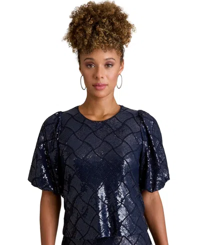 Muse Women's Jewel Neck Bubble Sleeve Top In Blue