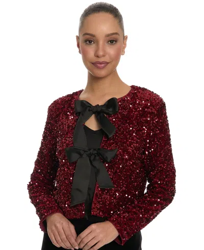 Muse Women's Kennedy Sequin Double Satin Bow Long-sleeve Cardigan In Burgundy