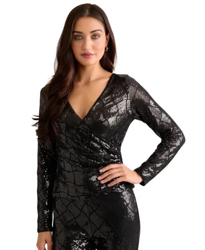 Muse Women's Long-sleeve Sequin Wrap Top In Black