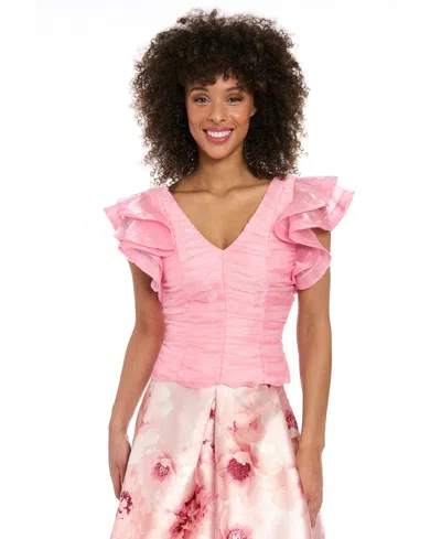 Muse Women's Ruched Organza Flutter-sleeve Top In Peony Pink