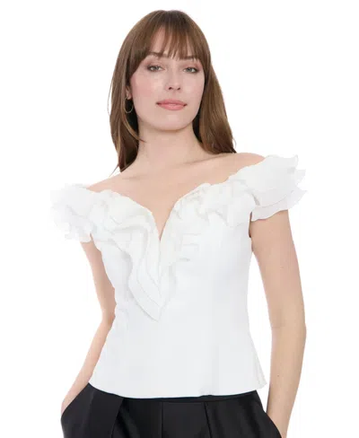 Muse Women's Scuba Crepe Ruffled-neckline Top In White