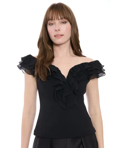 Muse Women's Scuba Crepe Ruffled-neckline Top In Black